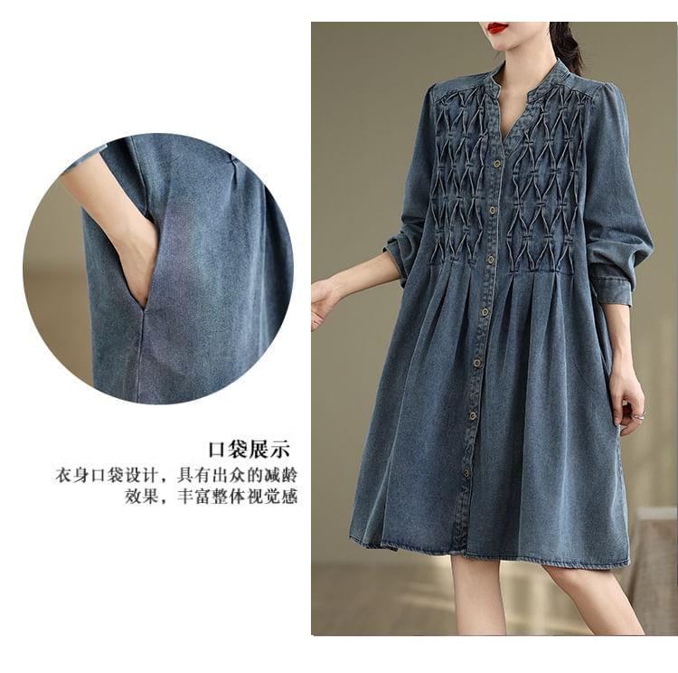 Long Sleeve Stand Collar Loose Denim Shirt Dress Product Image