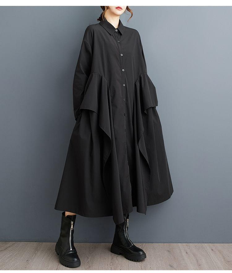 Long-Sleeve Plain Asymmetrical Midi A-Line Shirt Dress Product Image