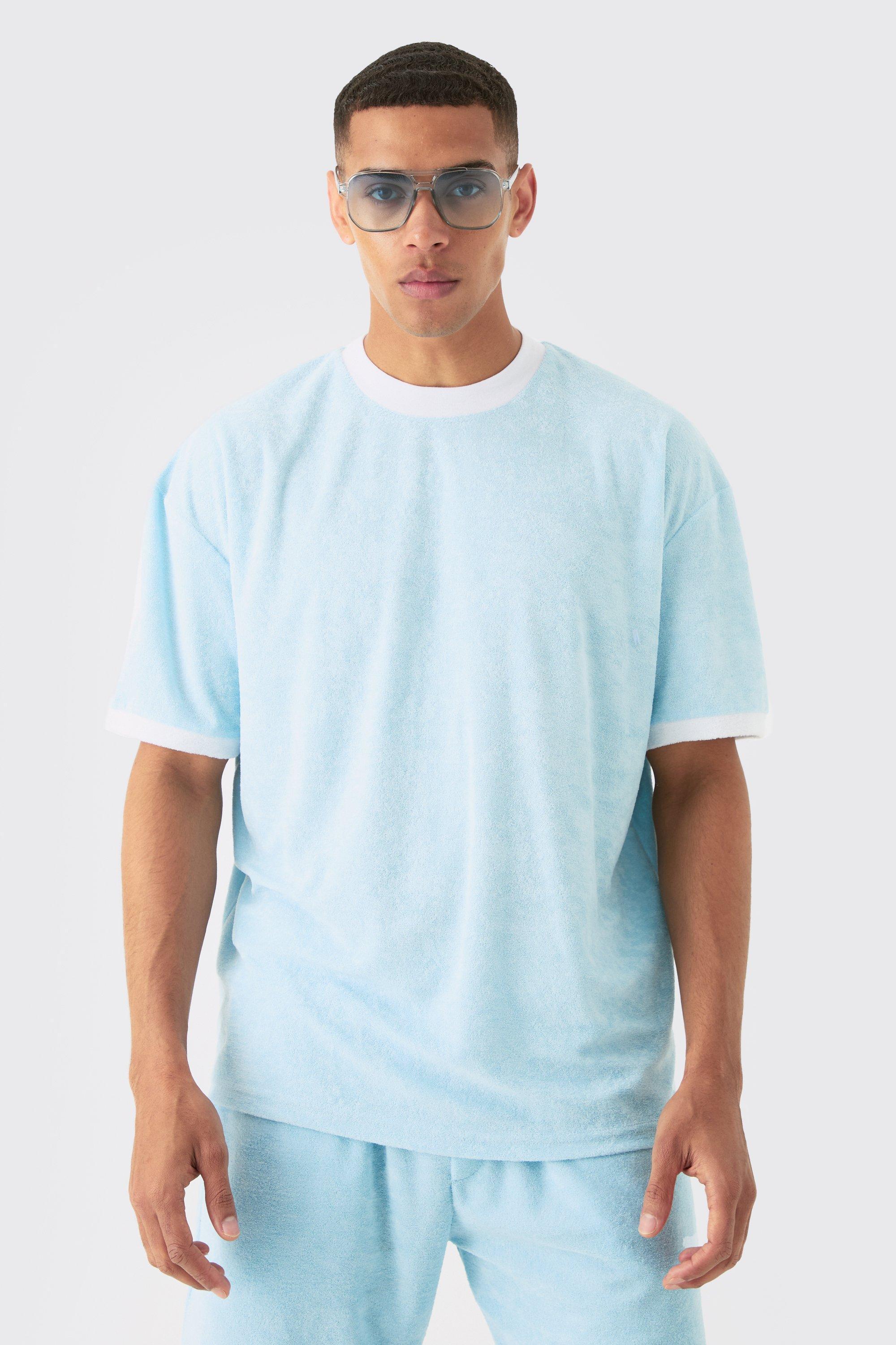 Mens Blue Oversized Extended Neck Contrast Towelling T-shirt, Blue Product Image