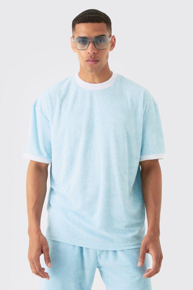 Mens Blue Oversized Extended Neck Contrast Towelling T-shirt, Blue Product Image