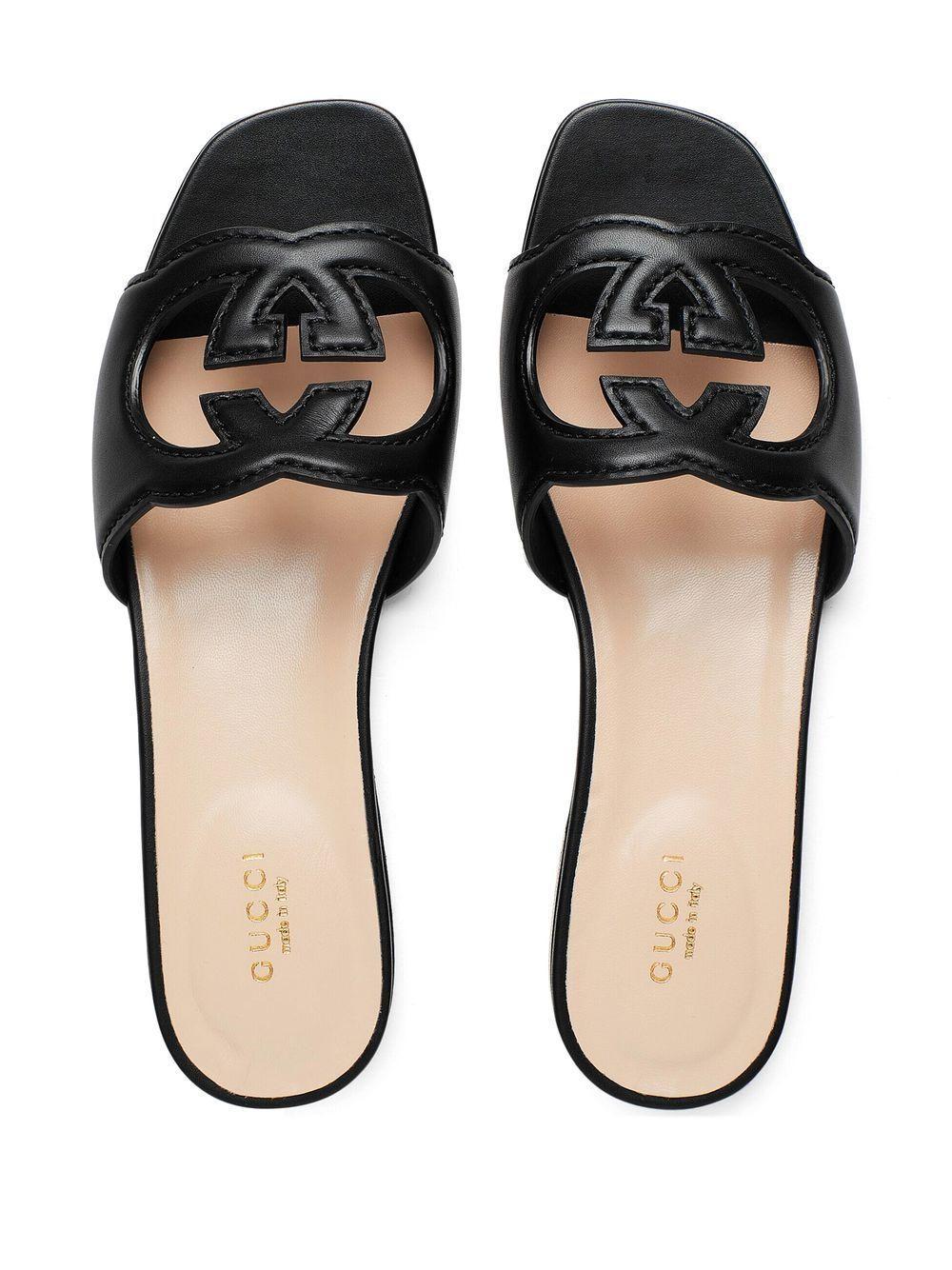 Gg Cut-out Leather Flat Sandals In Black Product Image