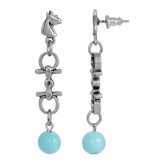 1928 Silver Tone Turquoise Color Bead Horse Head Earrings, Womens, Blue Product Image