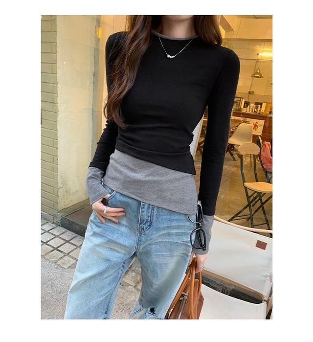 Long-Sleeve Crew Neck Mock Two-Piece Two Tone Asymmetrical Slim Fit Tee Product Image