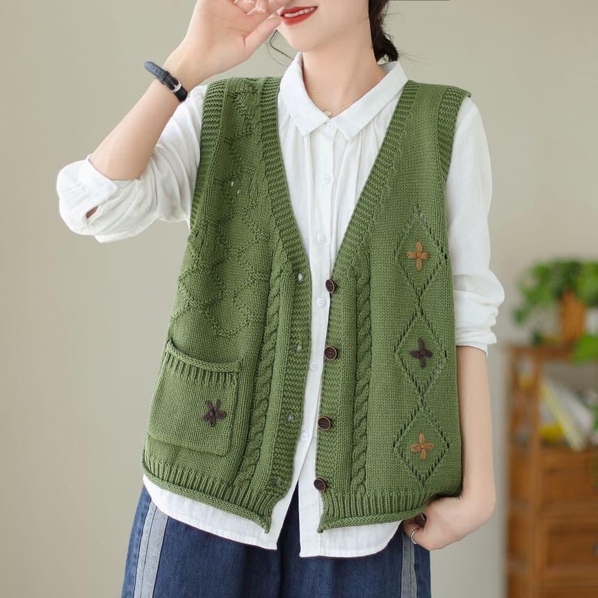 V-Neck Floral Embroidered Button Sweater Vest Product Image