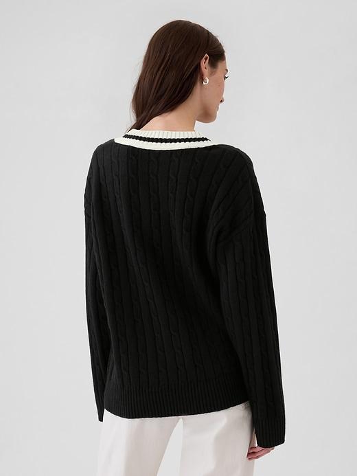 CashSoft Varsity Cable-Knit Sweater Product Image