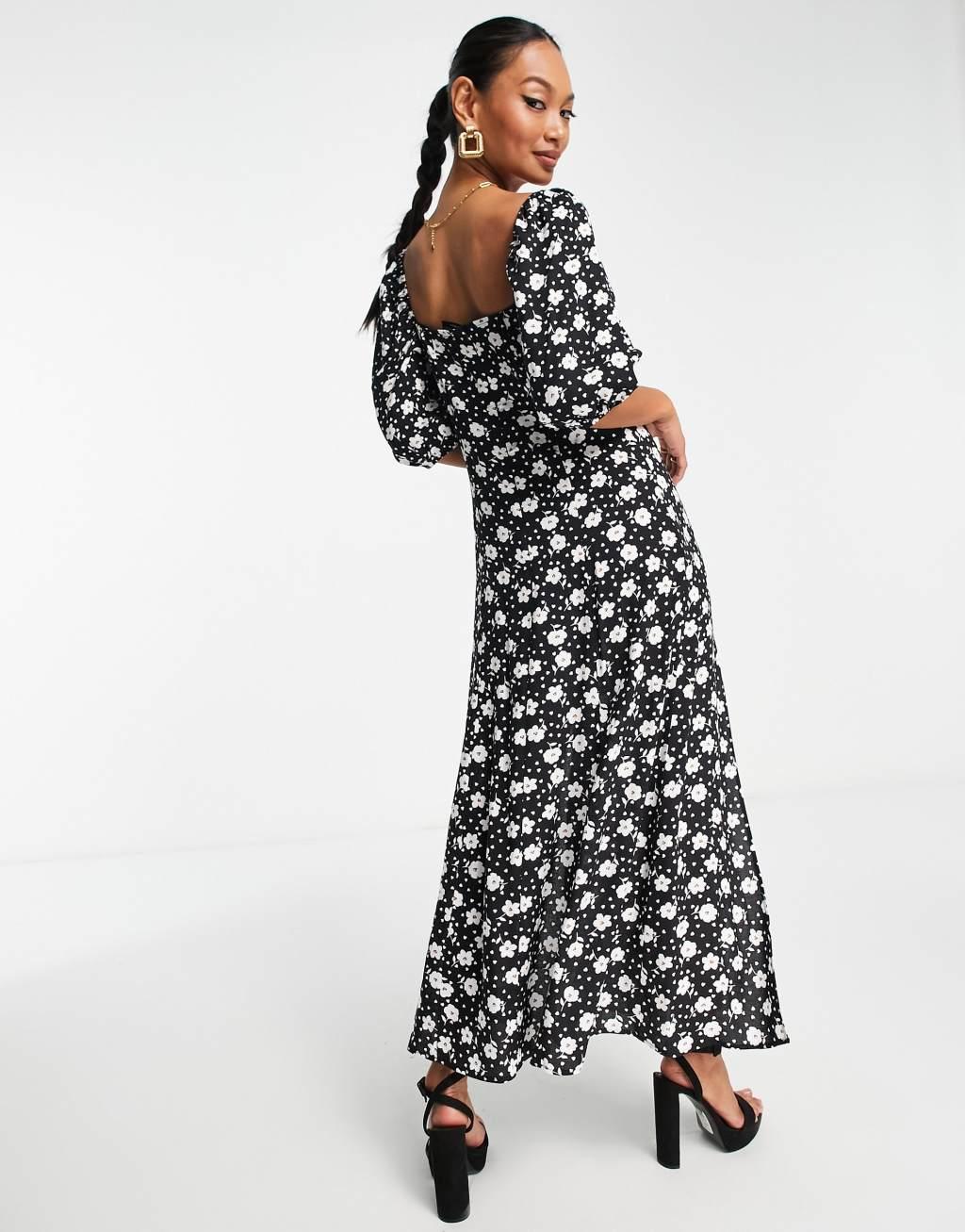 ASOS DESIGN puff sleeve ruched bust midi split dress in mono floral and heart print Product Image