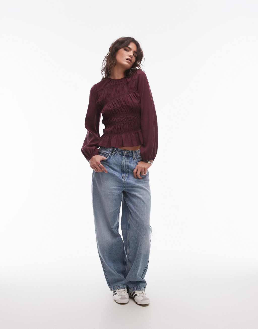 Topshop asymmetric shirred top in burgundy Product Image