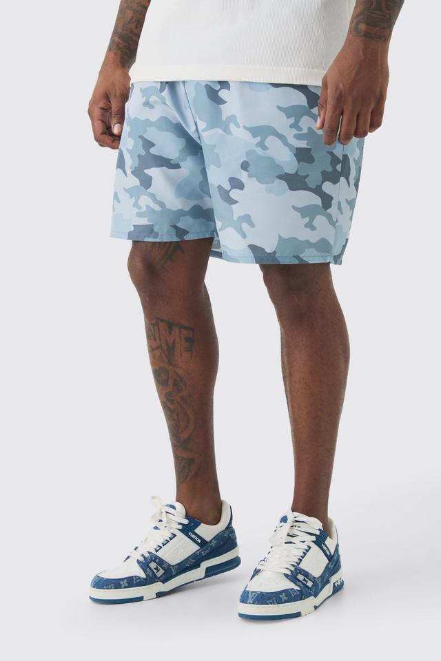 Plus Grey Camo Printed Swim Trunks | boohooMAN USA Product Image