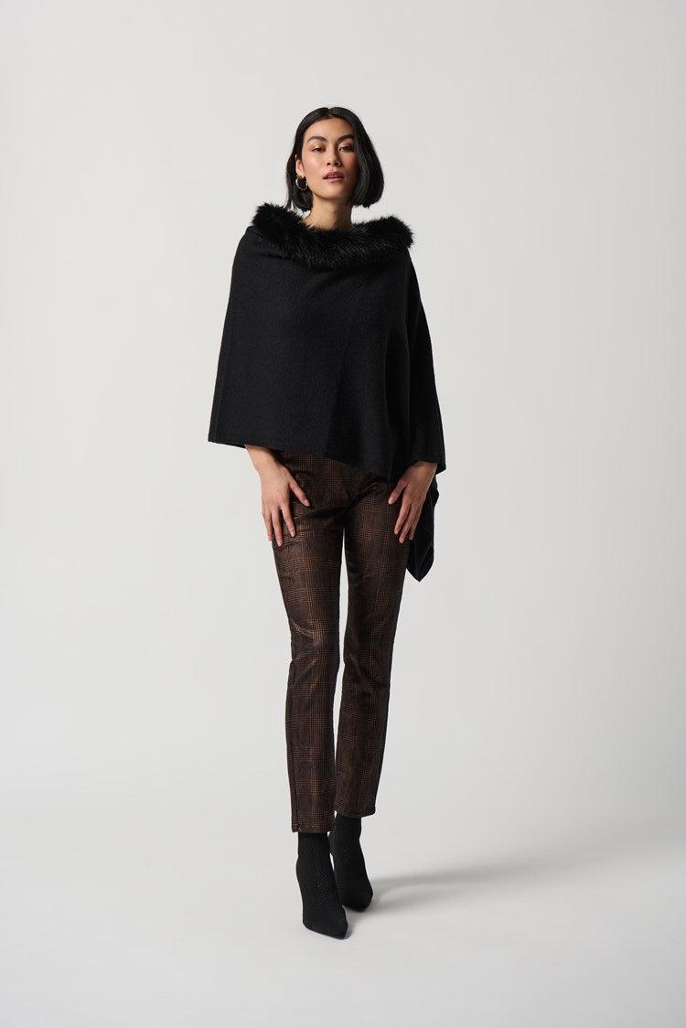 Sweater Knit Poncho With Faux Fur Crewneck - Black Product Image