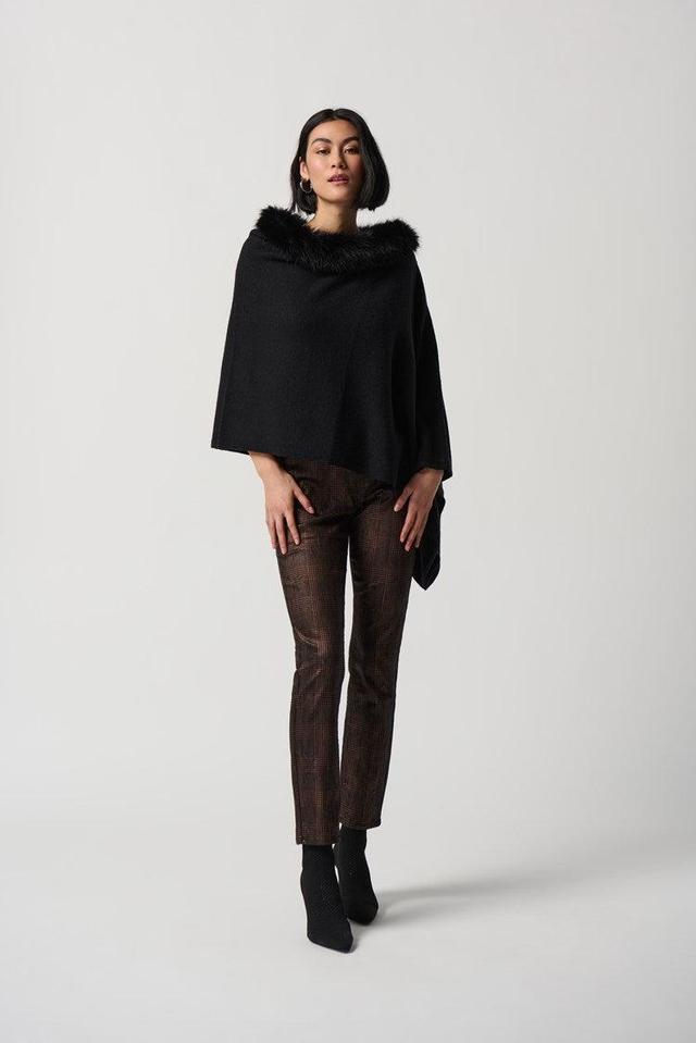 Sweater Knit Poncho With Faux Fur Crewneck - Black Product Image