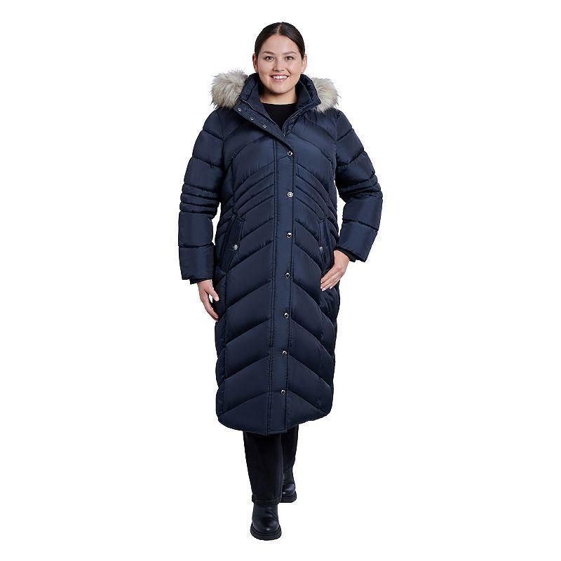 Plus Size London Fog Faux-Fur Hood Maxi Puffer Coat, Womens Blue Product Image