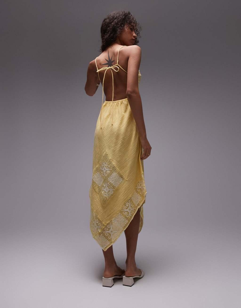 Topshop crochet linen mix sundress in yellow Product Image