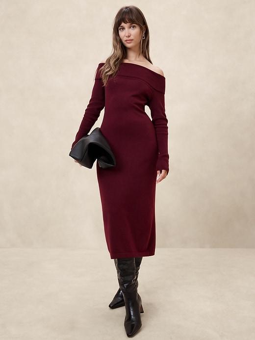 Off-Shoulder Midi Sweater Dress Product Image