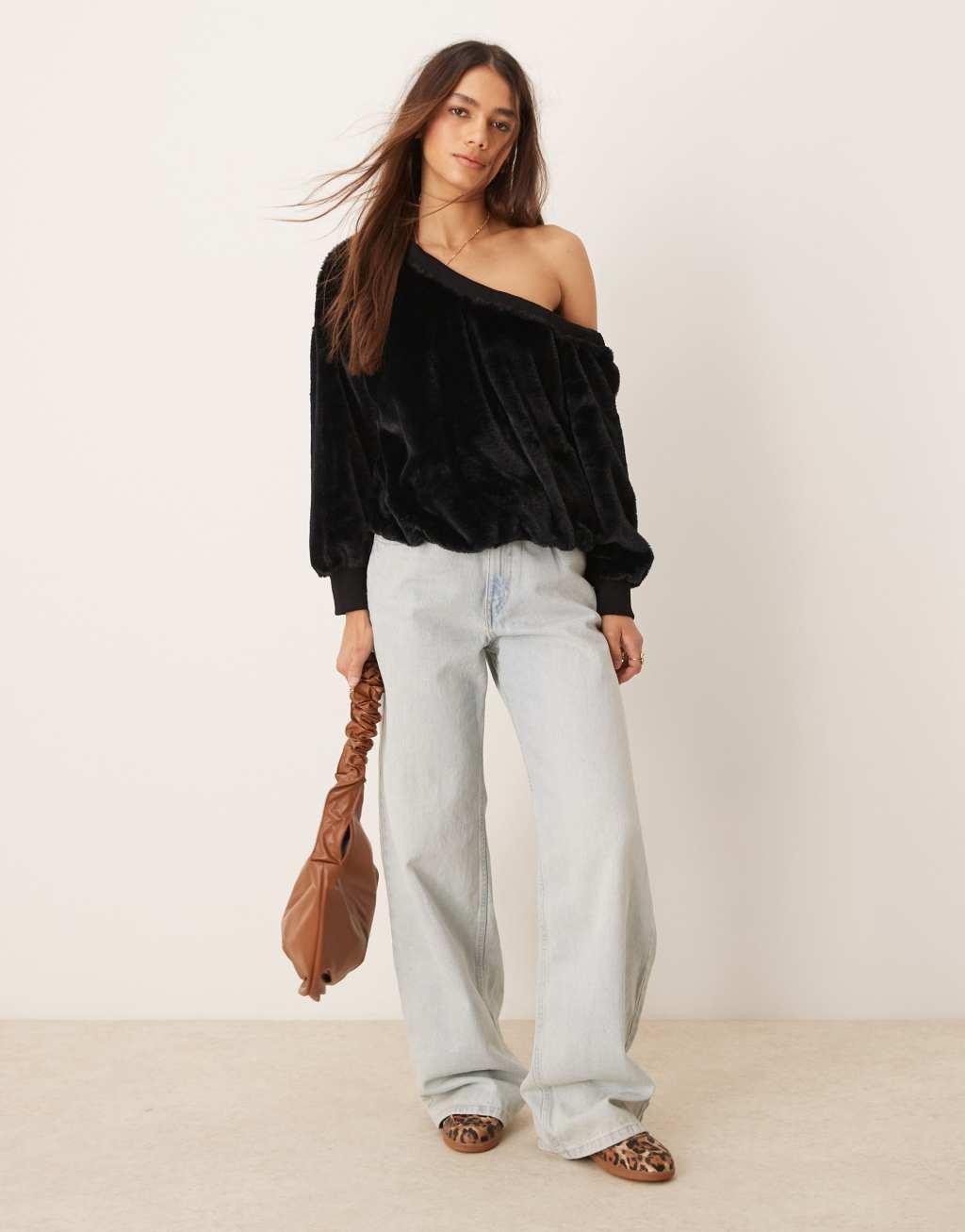 ASOS DESIGN off the shoulder faux fur asymmetric top in black Product Image