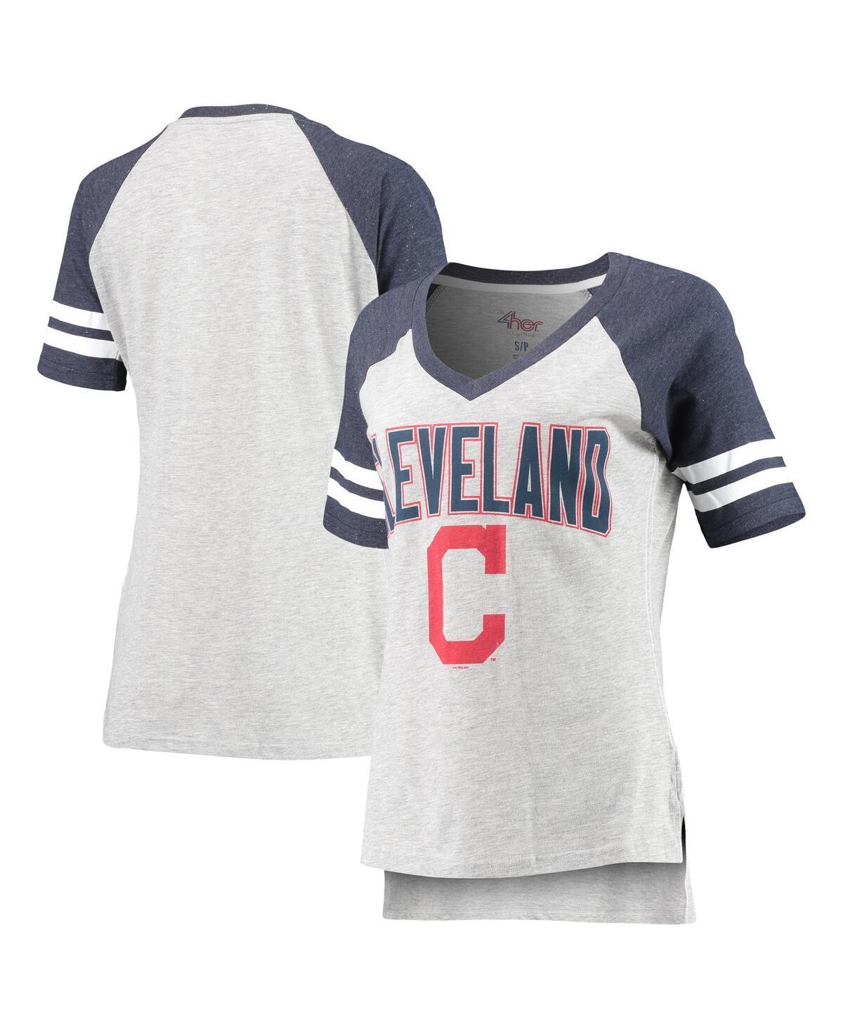 Womens Heathered Gray and Navy Cleveland Indians Team Goal Line Raglan V-Neck T-shirt - Heathered Gray Product Image