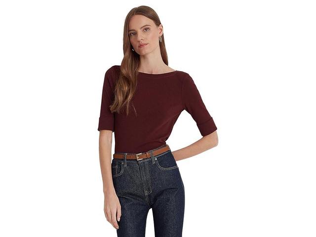 Lauren Ralph Lauren Petite Stretch Cotton Boatneck Top (Vintage Burgundy) Women's Clothing Product Image