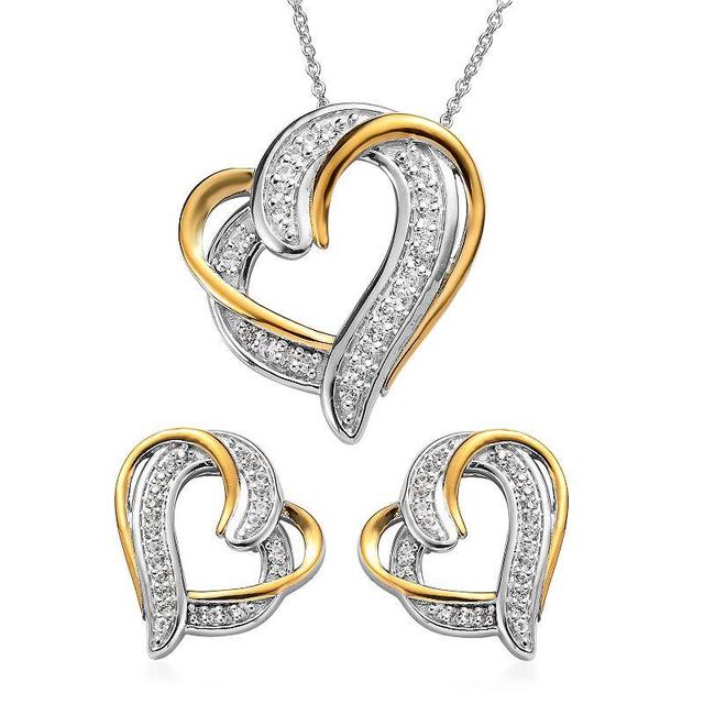 Two Tone Sterling Silver Lab-Created White Sapphire Heart Pendant Necklace & Earrings Set, Womens Product Image