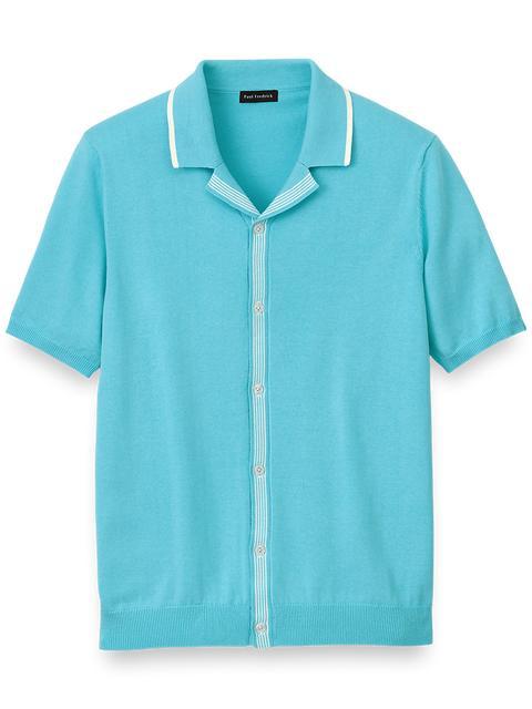 Cotton Button Front Camp Collar Sweater - Aqua Product Image