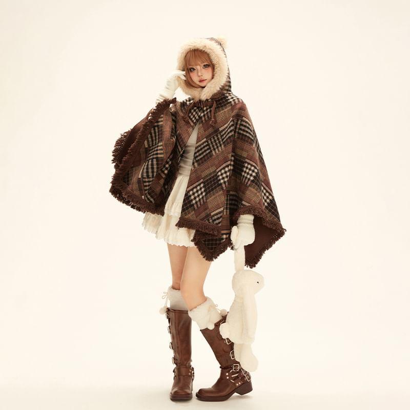 Tassel Hem Plaid Hooded Cape Product Image