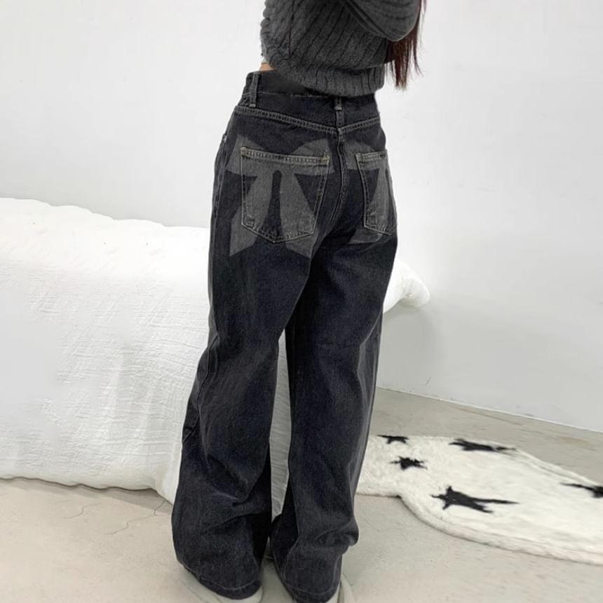 Mid Waist Bow Patterned Washed Wide Leg Jeans Product Image