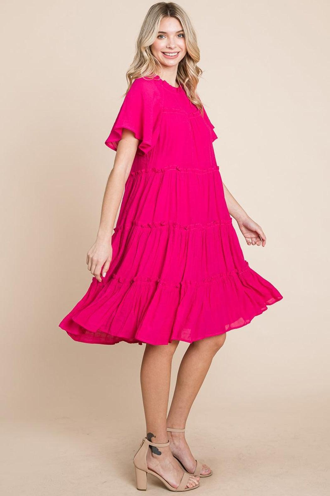 Tiered Babydoll Dress With Pockets Pink  Product Image