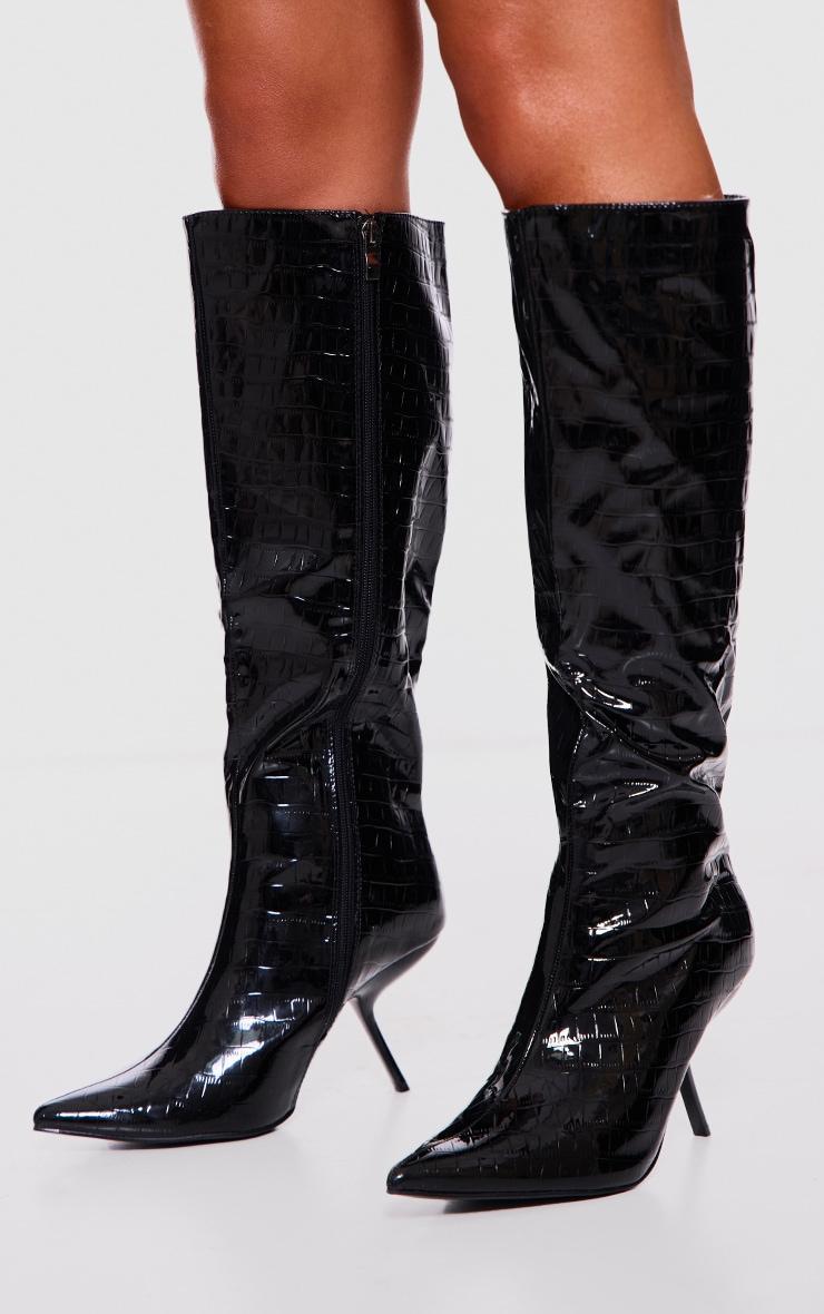 Black Pu Croc Point Toe Slanted Heel Knee High Boots Product Image