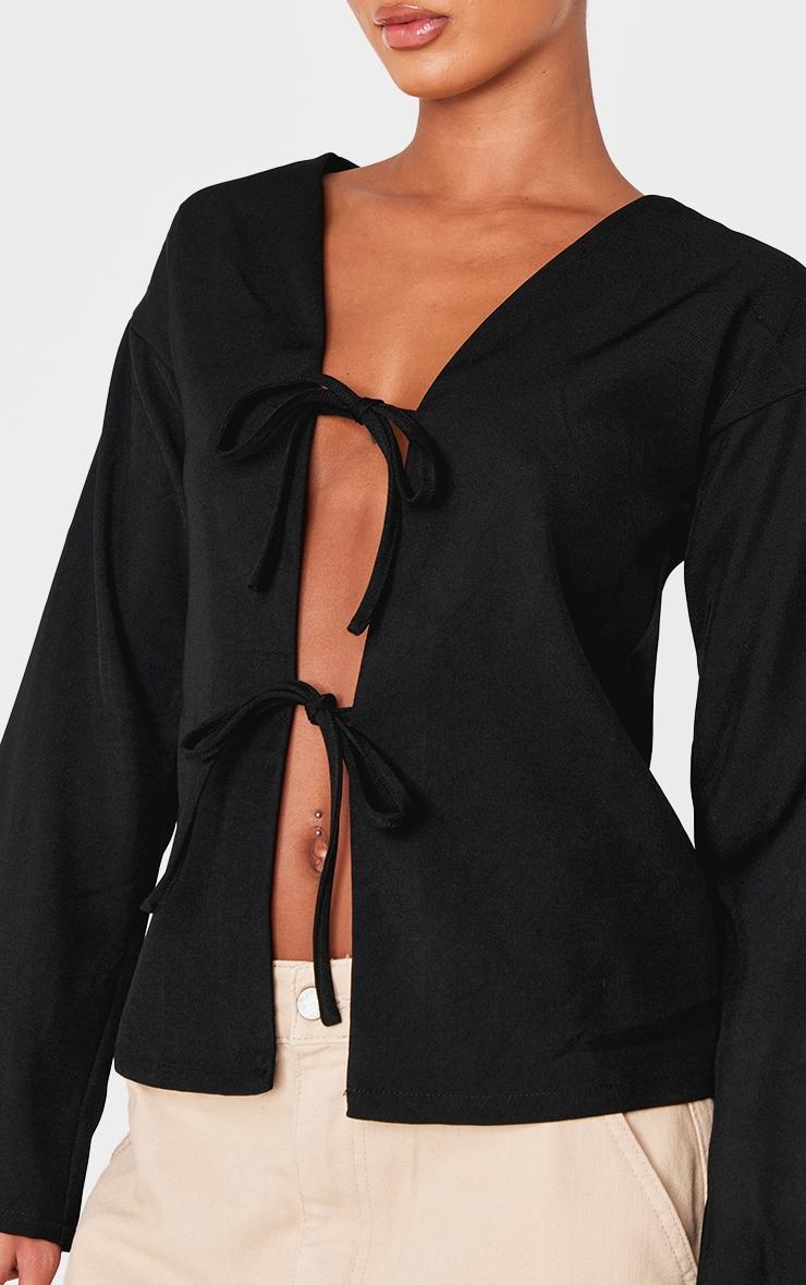 Black Woven Tie Front Flared Sleeve Shirt Product Image