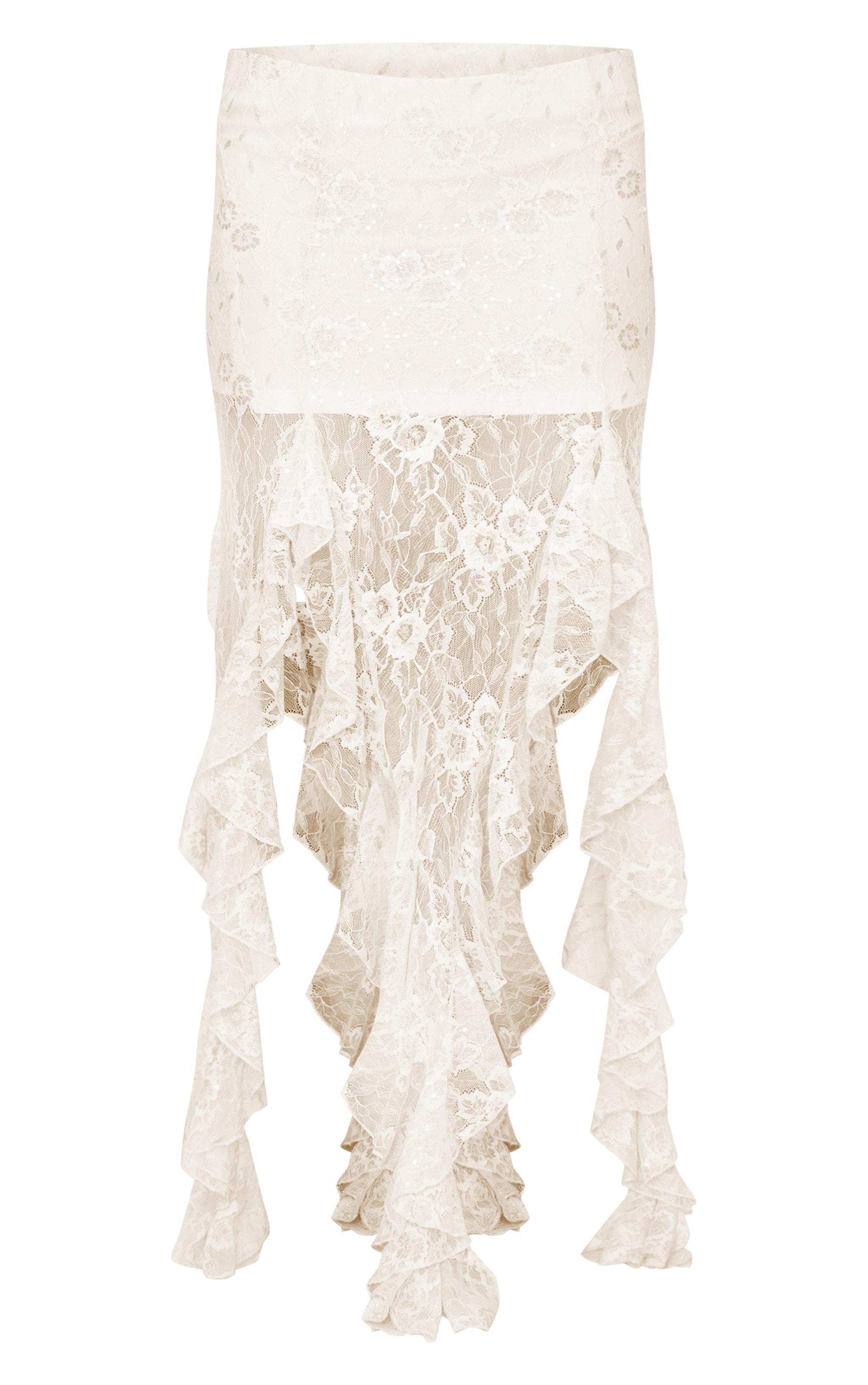 Cream Sequin Lace Drape Detail Maxi Skirt Product Image