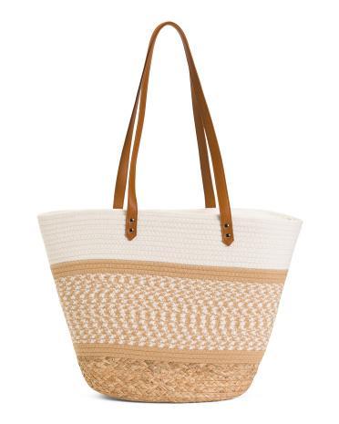 Cotton Woven Tote With Straw Bottom for Women Product Image