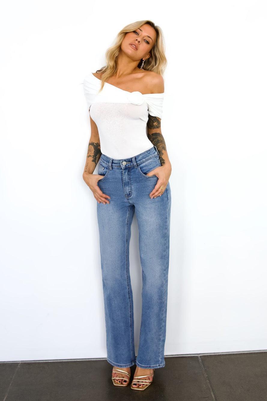 DNM High Rise Straight Leg Denim Jeans Mid Blue Product Image