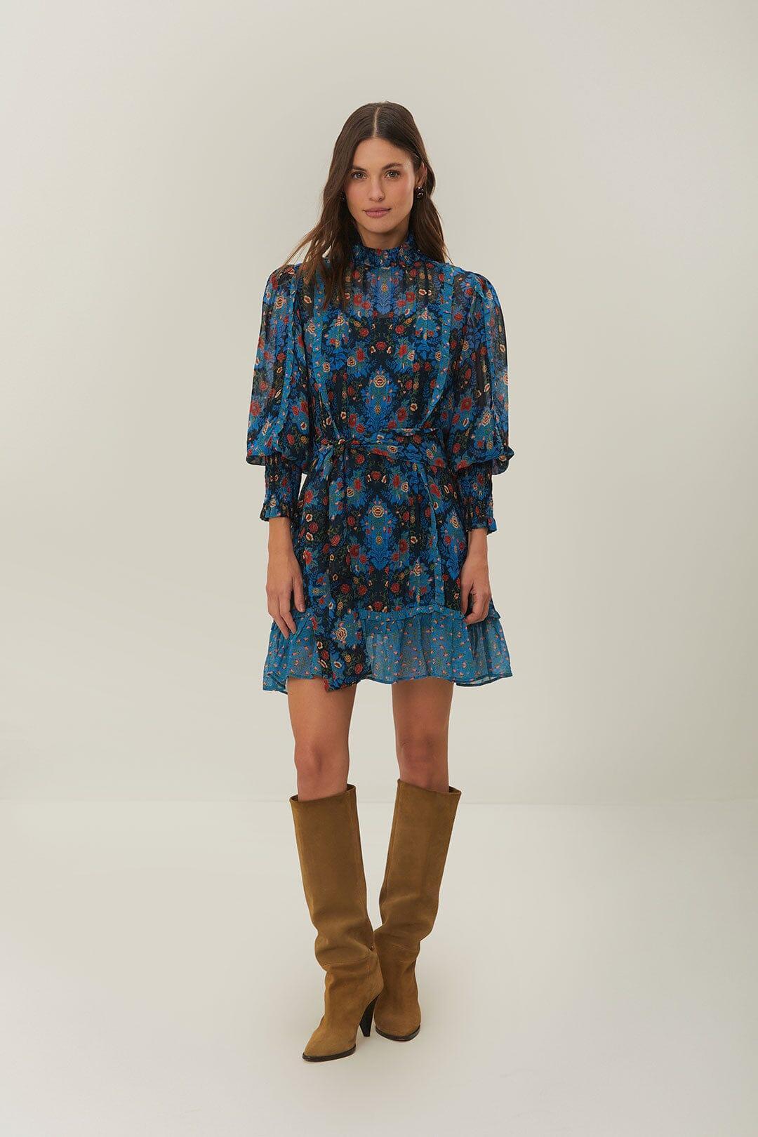 Blue Arabesque Floral High Neck Mini Dress Product Image