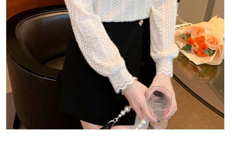 Puff-Sleeve Mock Neck Patterned Bow Blouse Product Image