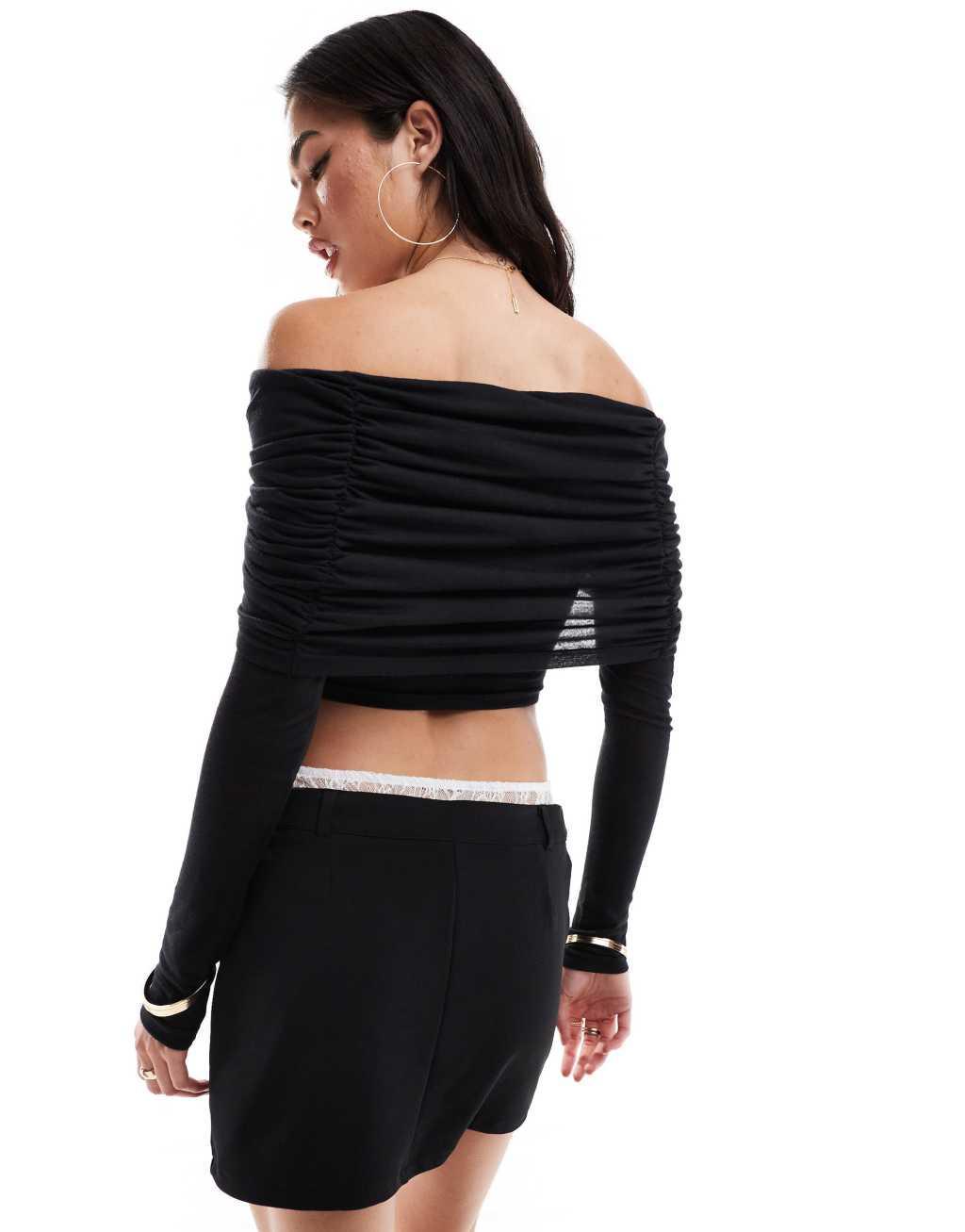 SNDYS mesh bardot twist overlay detail top in black Product Image