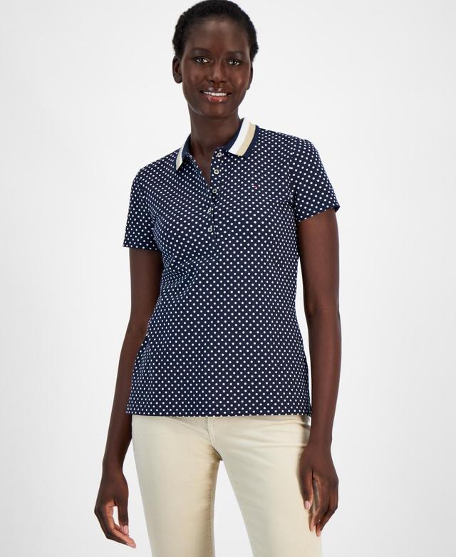 Tommy Hilfiger Womens Dot-Print Glitter-Collar Polo Shirt - Sky Cap Product Image