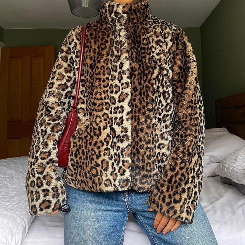 Stand Collar Leopard Print Fluffy Button-Up Jacket Product Image