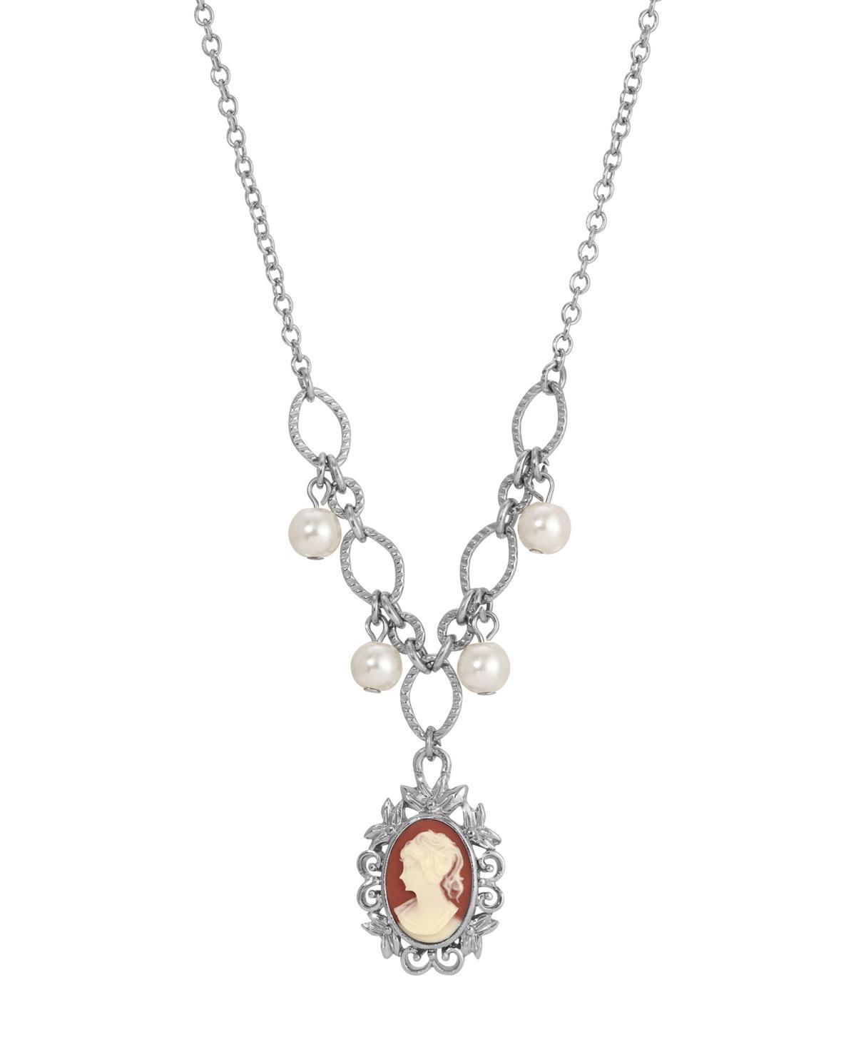 1928 Silver Tone Simulated Pearl Cameo Necklace, Womens, Orange Product Image