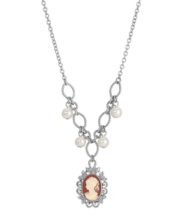 1928 Silver Tone Simulated Pearl Cameo Necklace, Womens, Orange Product Image