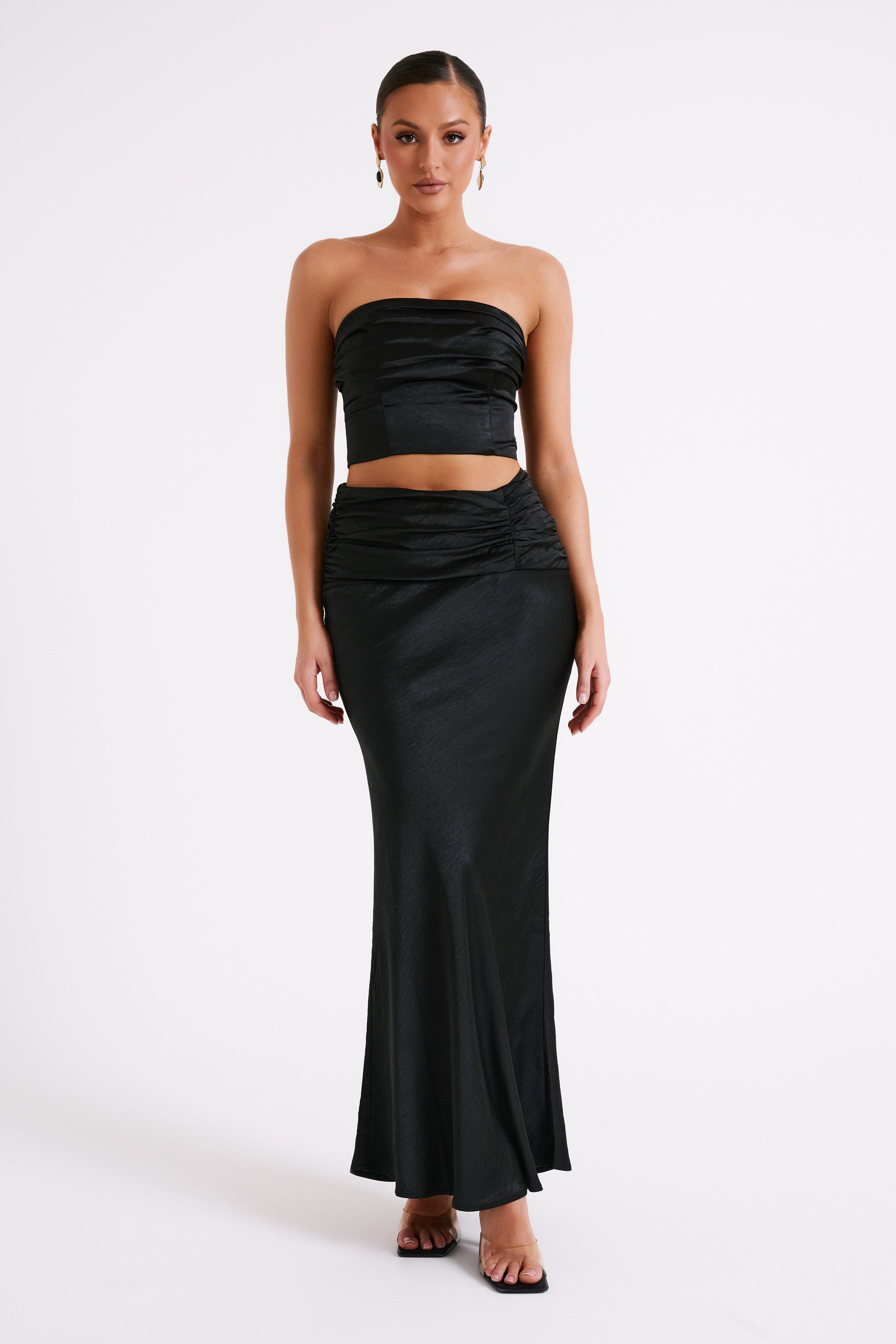 Khalani Ruched Satin Maxi Skirt - Black Product Image