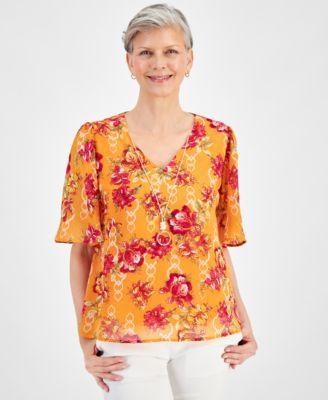 Jm Collection Womens Printed Elbow-Sleeve Necklace Top, Created for Macys Product Image