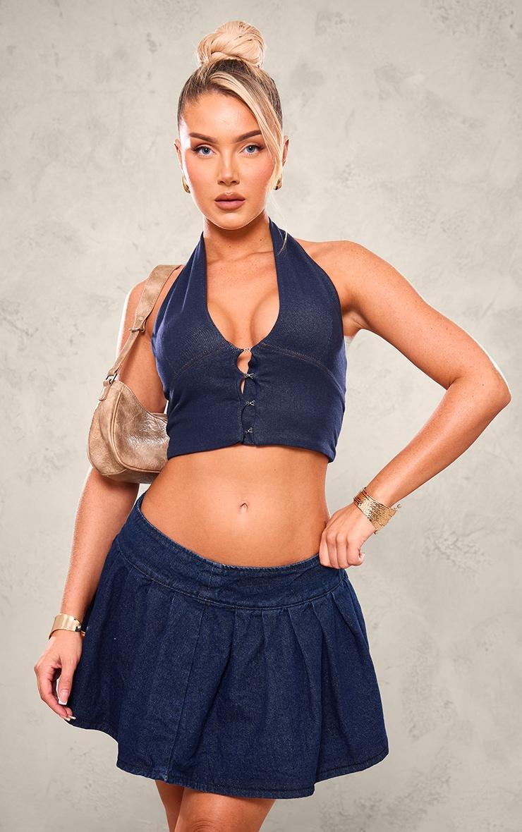 Blue Denim Look Double Layer Halterneck Crop Top product image