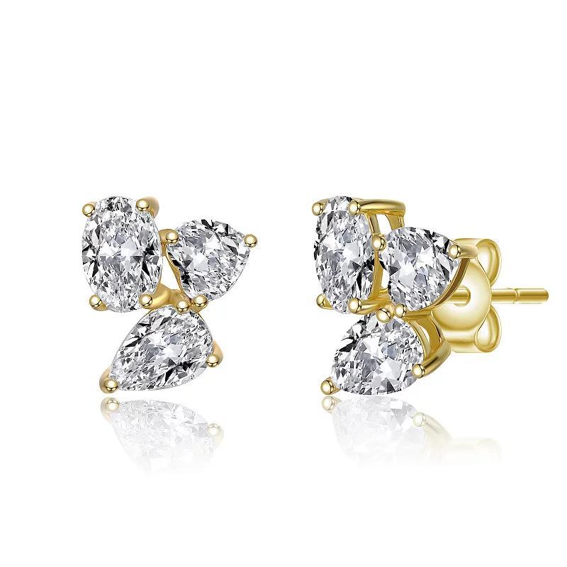 Sterling Silver Cubic Zirconia Triple Cluster Stud Earrings, Womens, Gold Tone Product Image