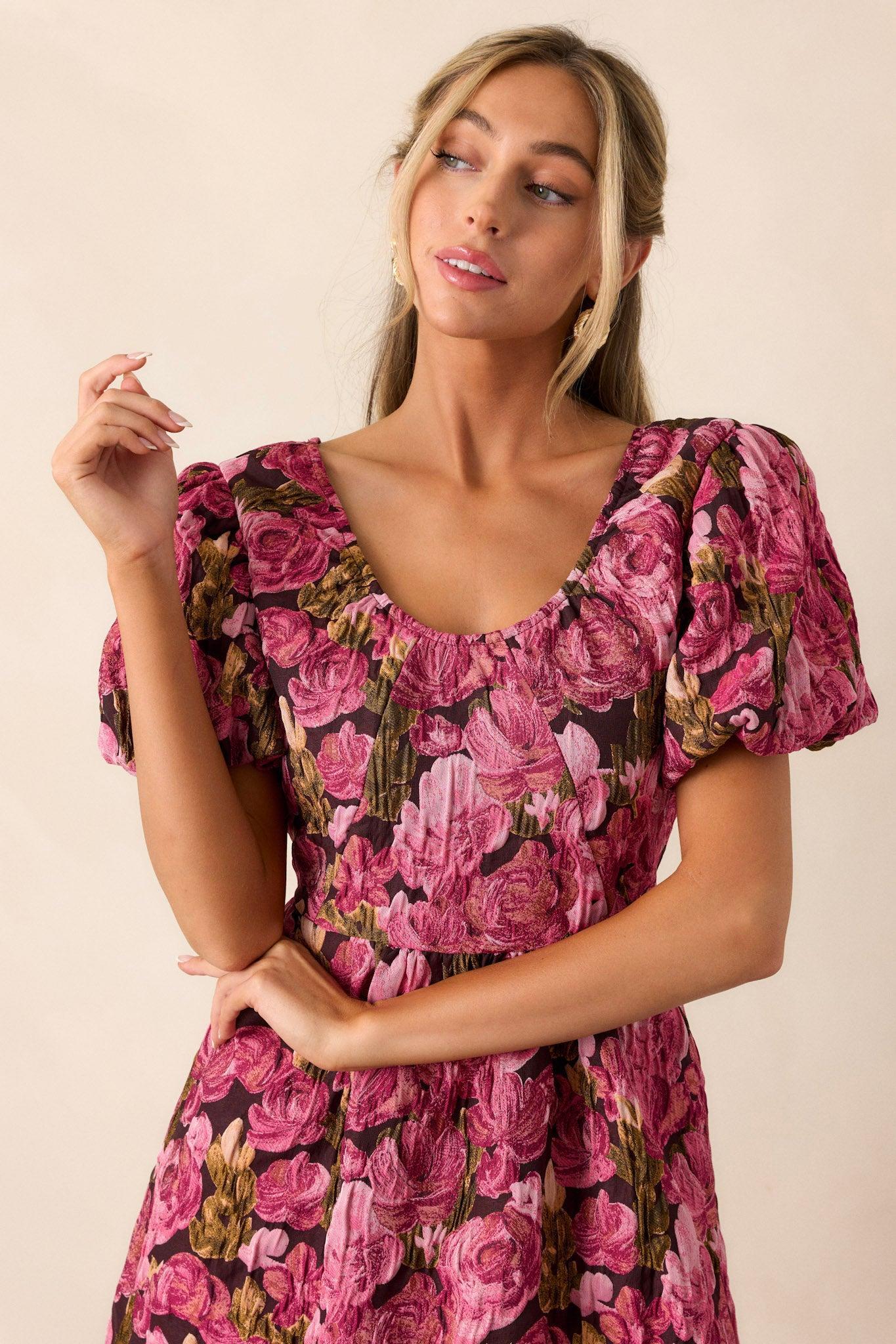 Change Of Pace Berry Floral Jacquard Puff Sleeve Mini Dress Product Image