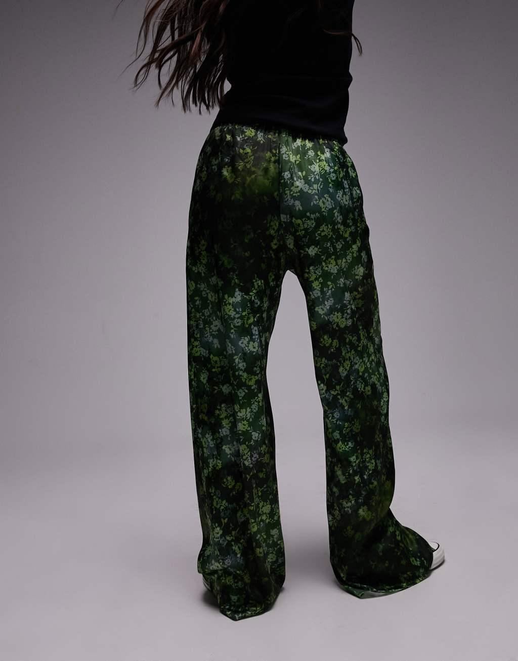 Topshop satin print wide leg pull on pants in green Product Image