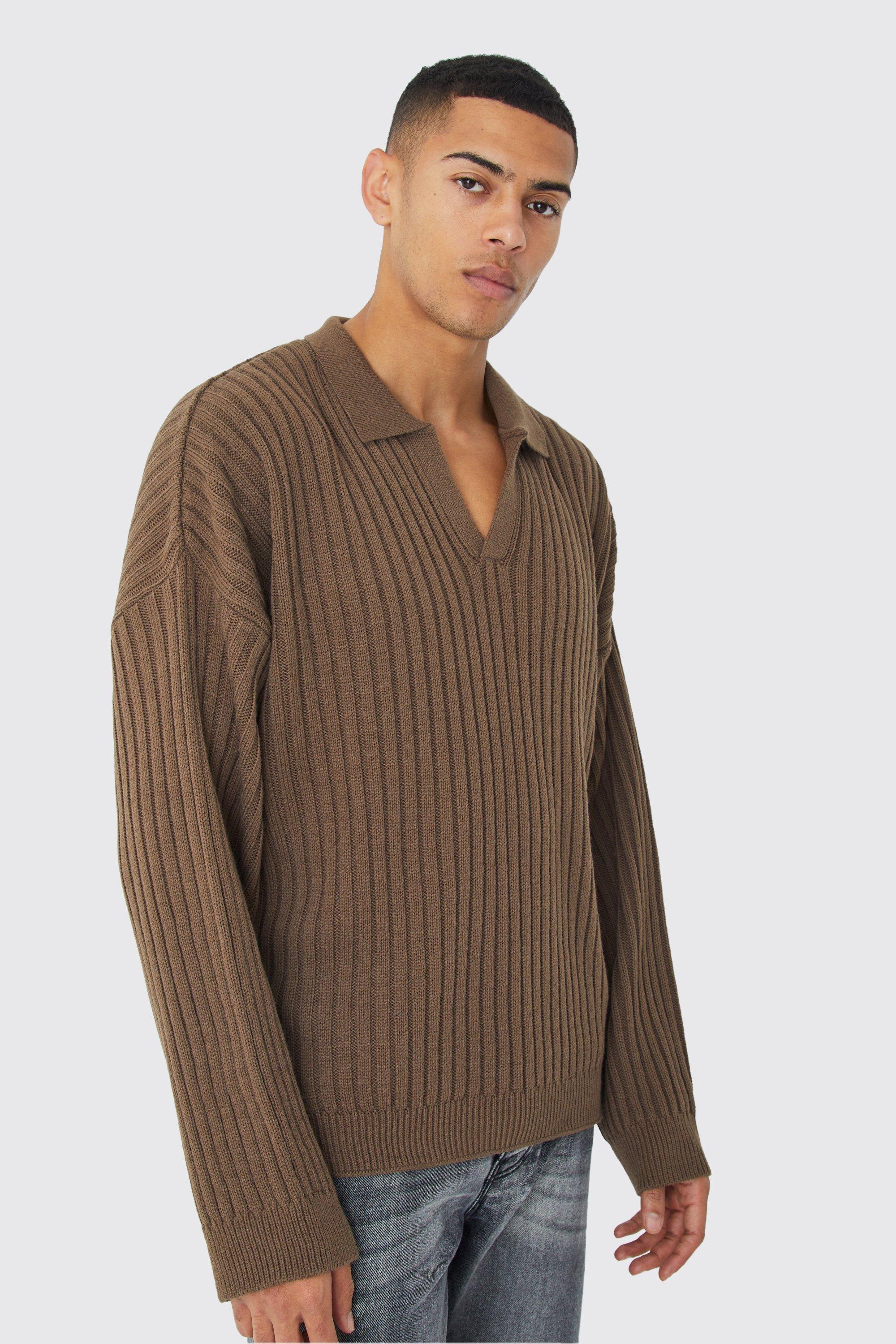 Mens Beige Oversized Chunky Ribbed V Neck Polo, Beige Product Image