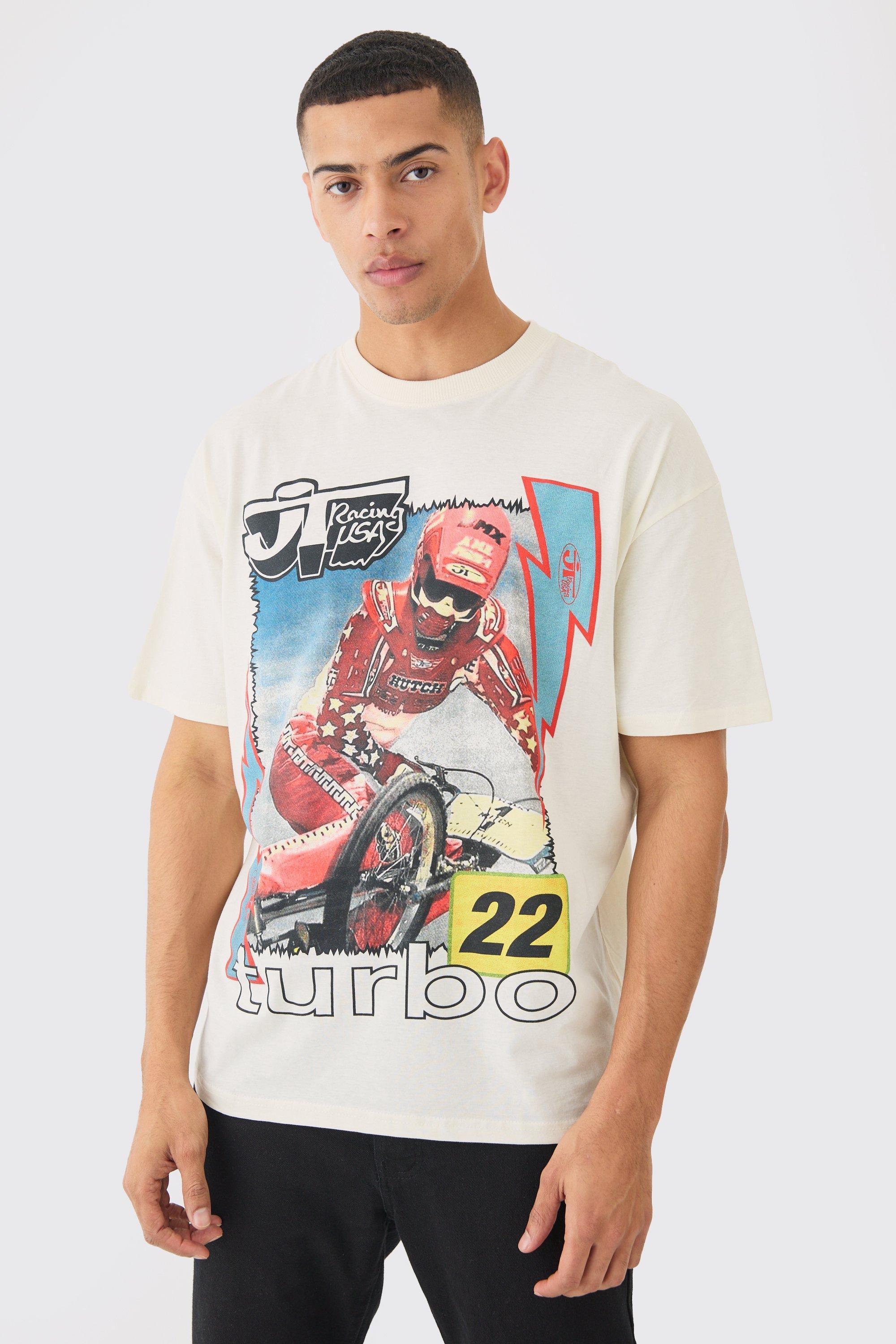 Mens Beige Oversized Turbo Racing License T-shirt, Beige Product Image