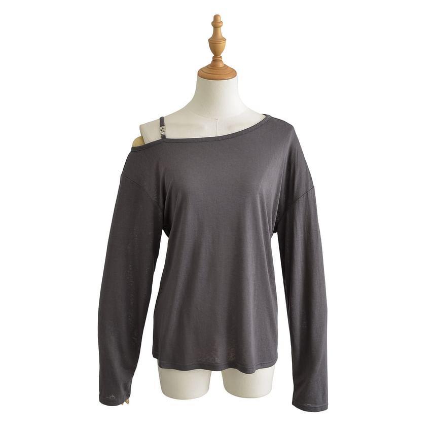 Long Sleeve Cold-Shoulder Plain Loose-Fit Pullover Product Image