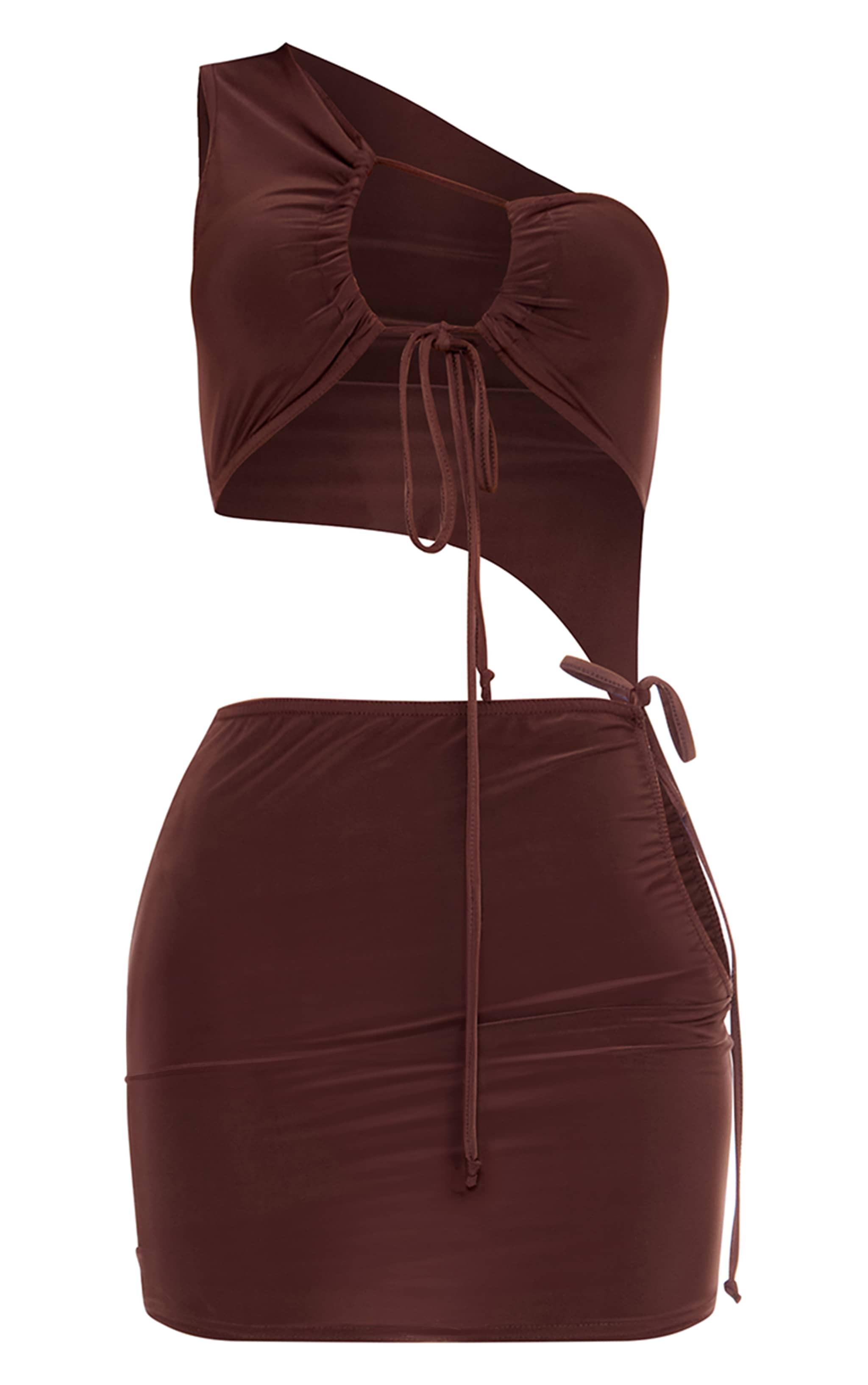  Brown Double Layer Slinky One Shoulder Cut Out Mini Dress Product Image