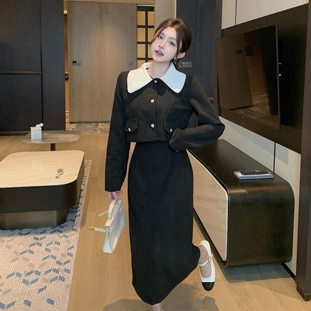 Set: Contrast Collar Crop Button Jacket + High Waist Plain Midi A-Line Skirt Product Image