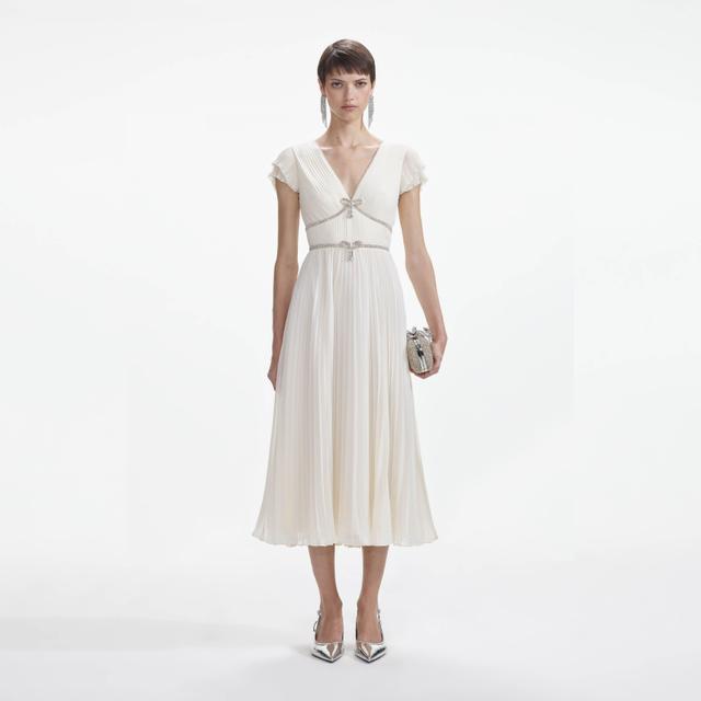 Cream Chiffon Pleated Midi Dress Product Image