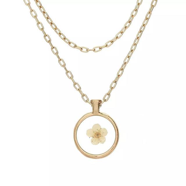 Bella Uno Worn Gold Tone White Pressed Flower Layered Chain Pendant Necklace, Womens Product Image